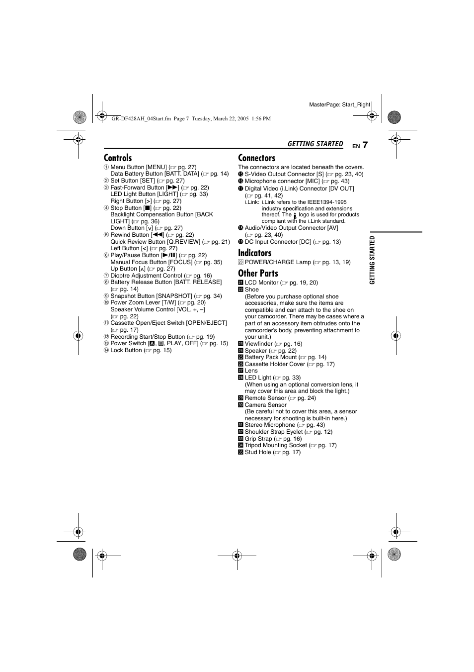 Controls, Connectors, Indicators | Other parts | JVC GR-DF428 User Manual | Page 7 / 56