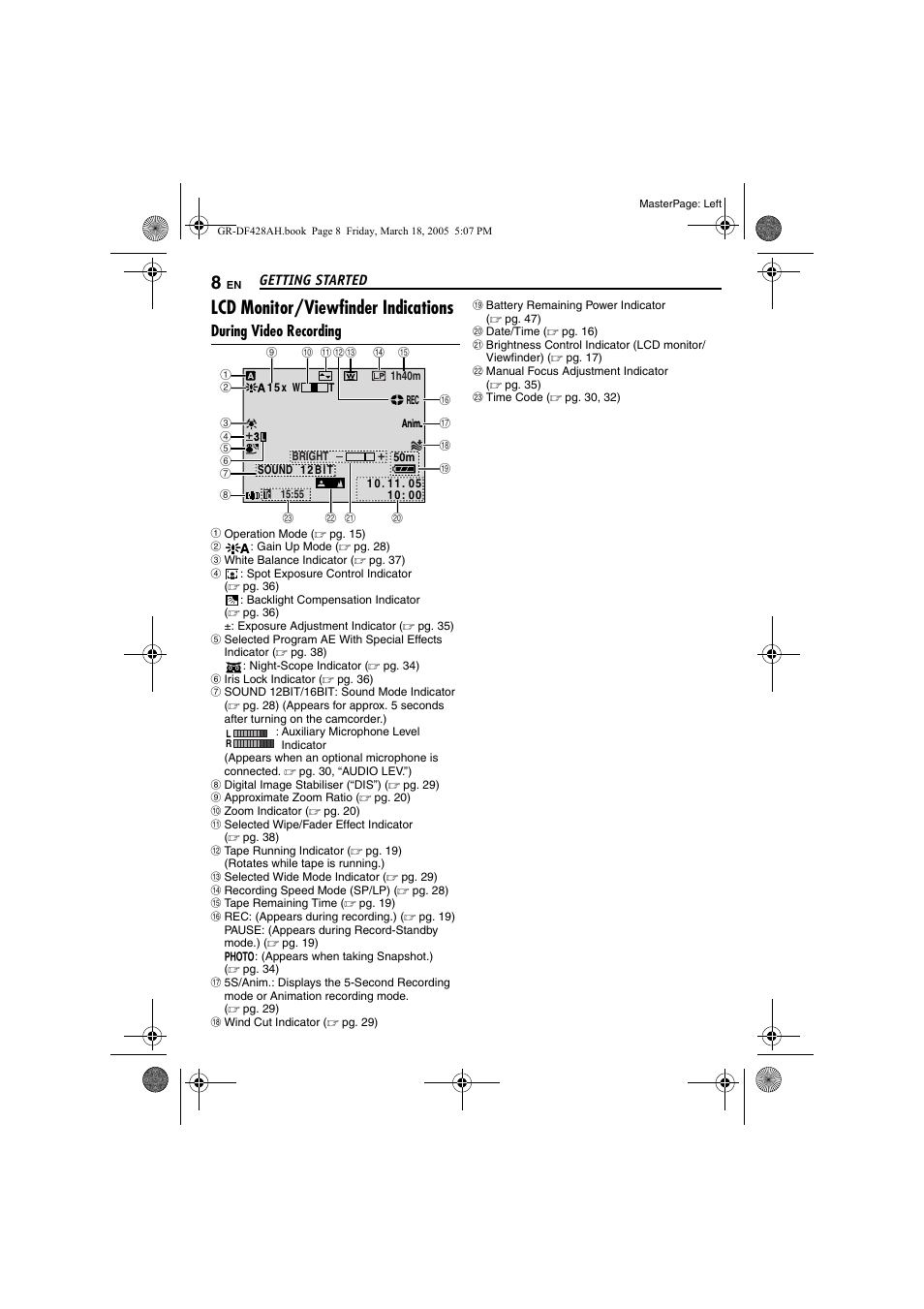 Lcd monitor/viewfinder indications, During video recording | JVC GR-DF428 User Manual | Page 8 / 56