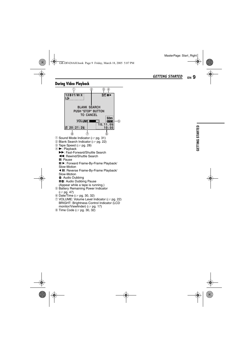 During video playback | JVC GR-DF428 User Manual | Page 9 / 56