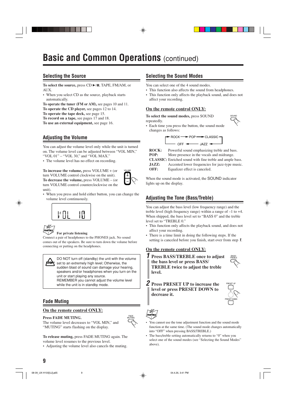 Basic and common operations, Continued), Selecting the source | Adjusting the volume, Fade muting, Selecting the sound modes, Adjusting the tone (bass/treble) | JVC UX-H100 User Manual | Page 12 / 28