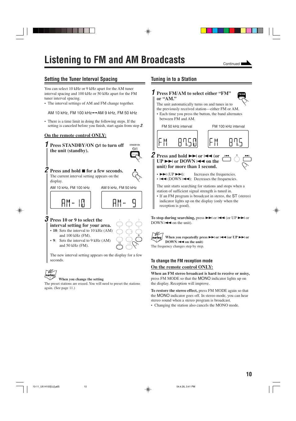 Listening to fm and am broadcasts, Tuning in to a station, Setting the tuner interval spacing | JVC UX-H100 User Manual | Page 13 / 28