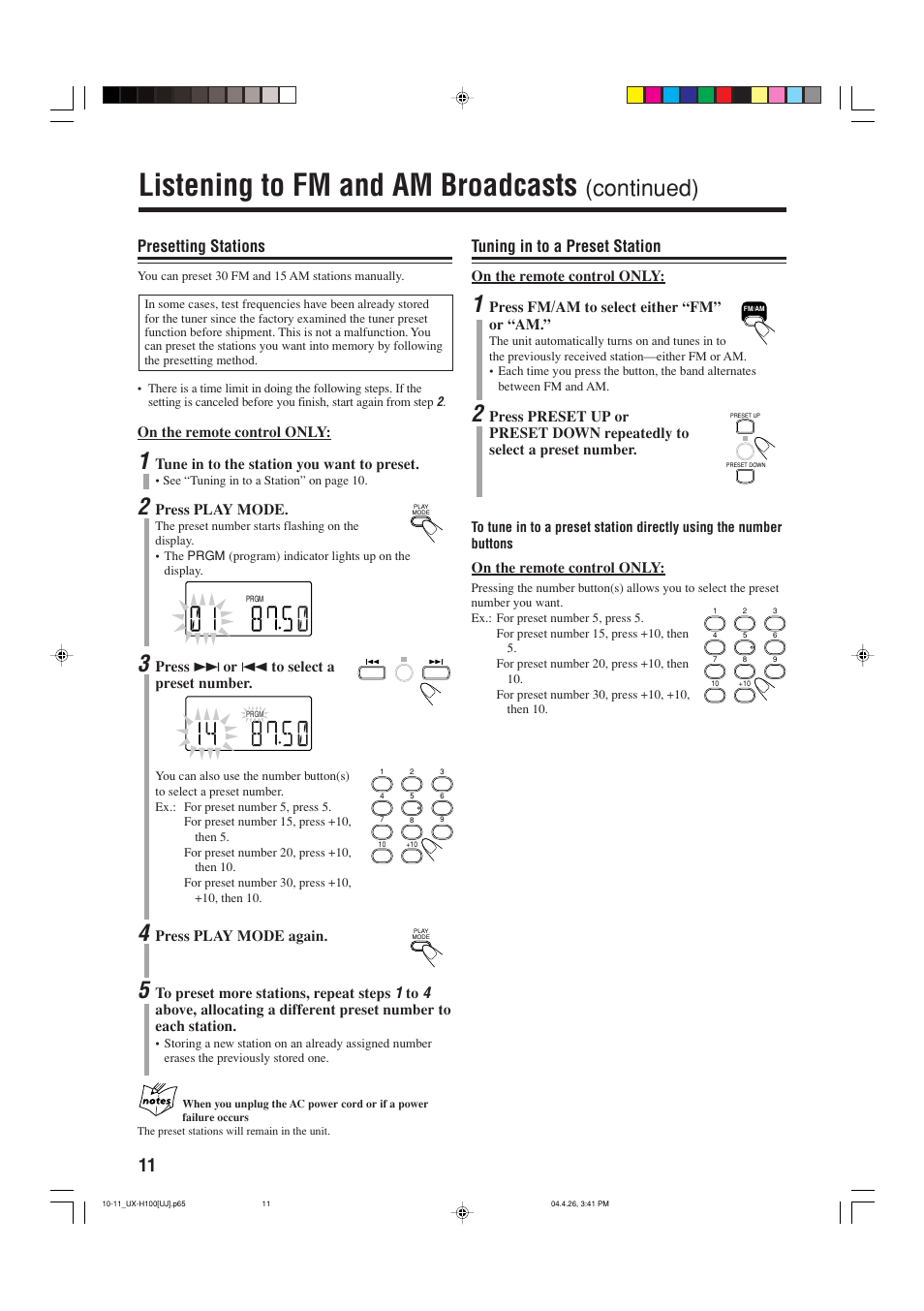 Listening to fm and am broadcasts, Continued), Tuning in to a preset station | Presetting stations | JVC UX-H100 User Manual | Page 14 / 28