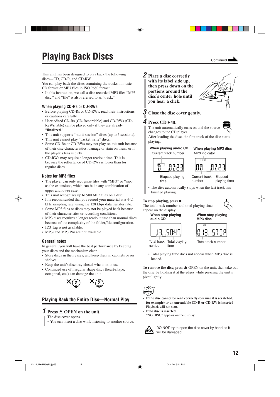 Playing back discs, Playing back the entire disc—normal play | JVC UX-H100 User Manual | Page 15 / 28