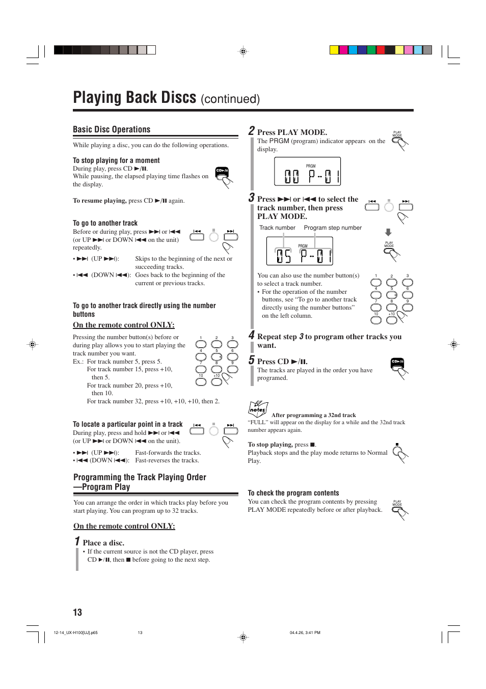 Playing back discs, Continued), Basic disc operations | Programming the track playing order —program play | JVC UX-H100 User Manual | Page 16 / 28