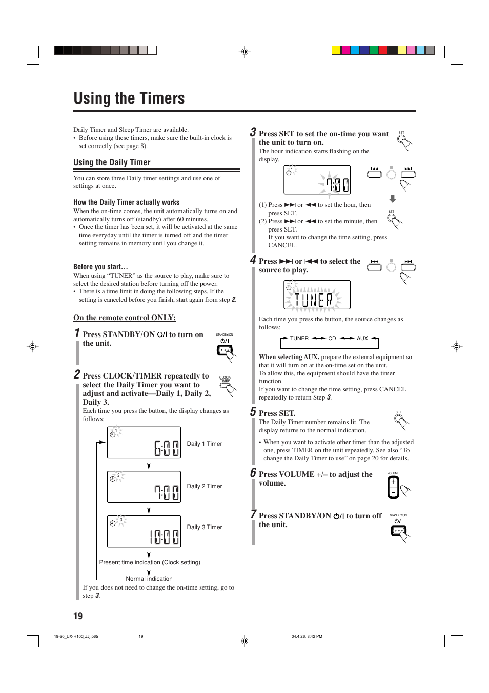 Using the timers, Using the daily timer | JVC UX-H100 User Manual | Page 22 / 28