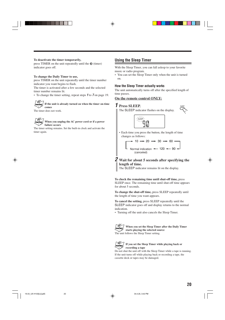 Using the sleep timer | JVC UX-H100 User Manual | Page 23 / 28