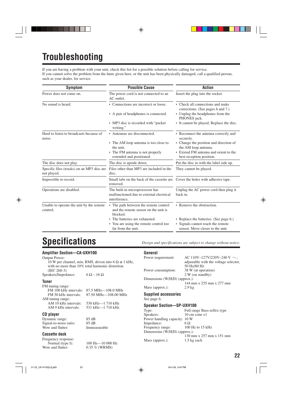 Troubleshooting, Specifications | JVC UX-H100 User Manual | Page 25 / 28