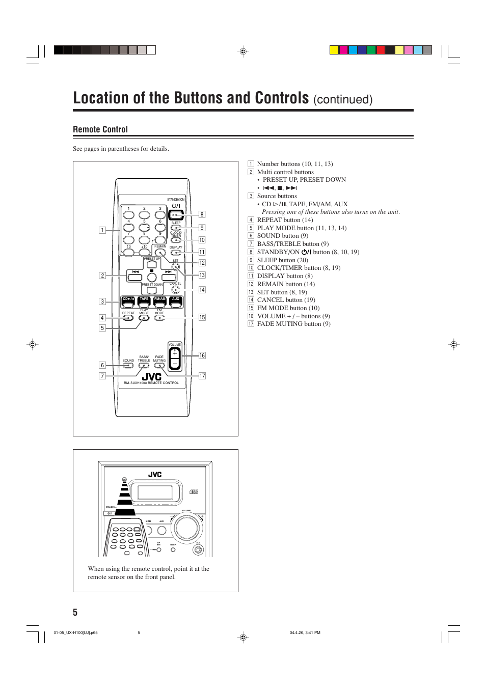 Location of the buttons and controls, Continued), Remote control | See pages in parentheses for details | JVC UX-H100 User Manual | Page 8 / 28