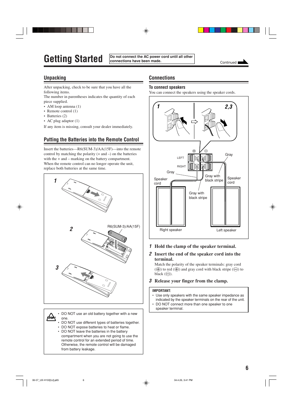 Getting started, Unpacking, Putting the batteries into the remote control | Connections | JVC UX-H100 User Manual | Page 9 / 28