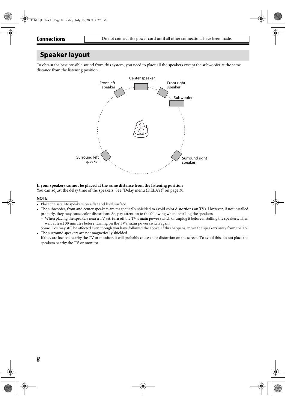 Speaker layout, Connections | JVC SP-THL1W User Manual | Page 10 / 36