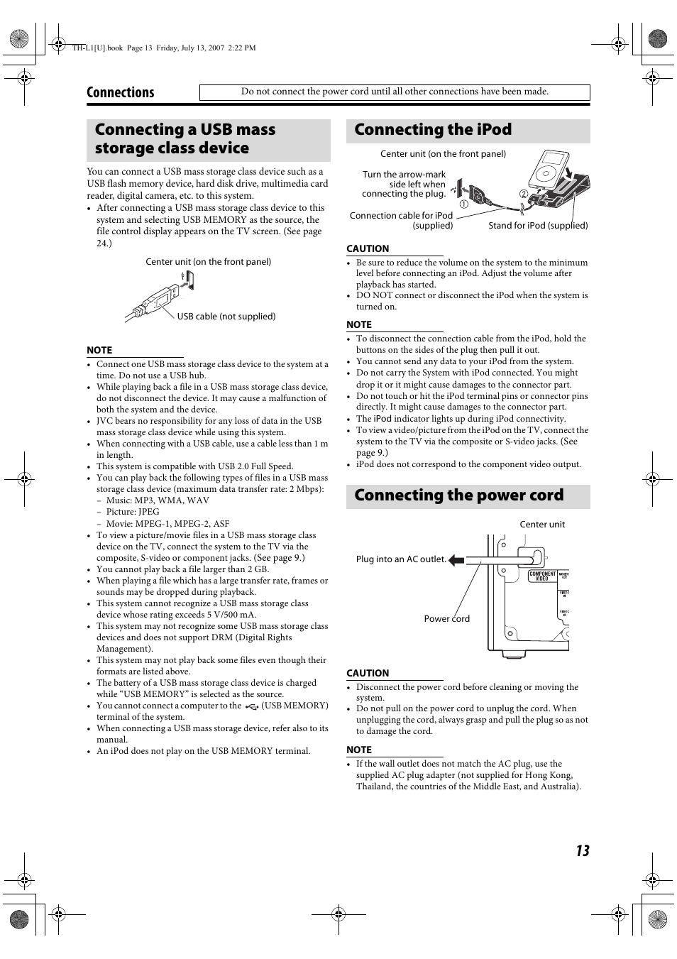 Connecting a usb mass storage class device, Connecting the ipod, Connecting the power cord | Connecting the ipod connecting the power cord, Connections | JVC SP-THL1W User Manual | Page 15 / 36