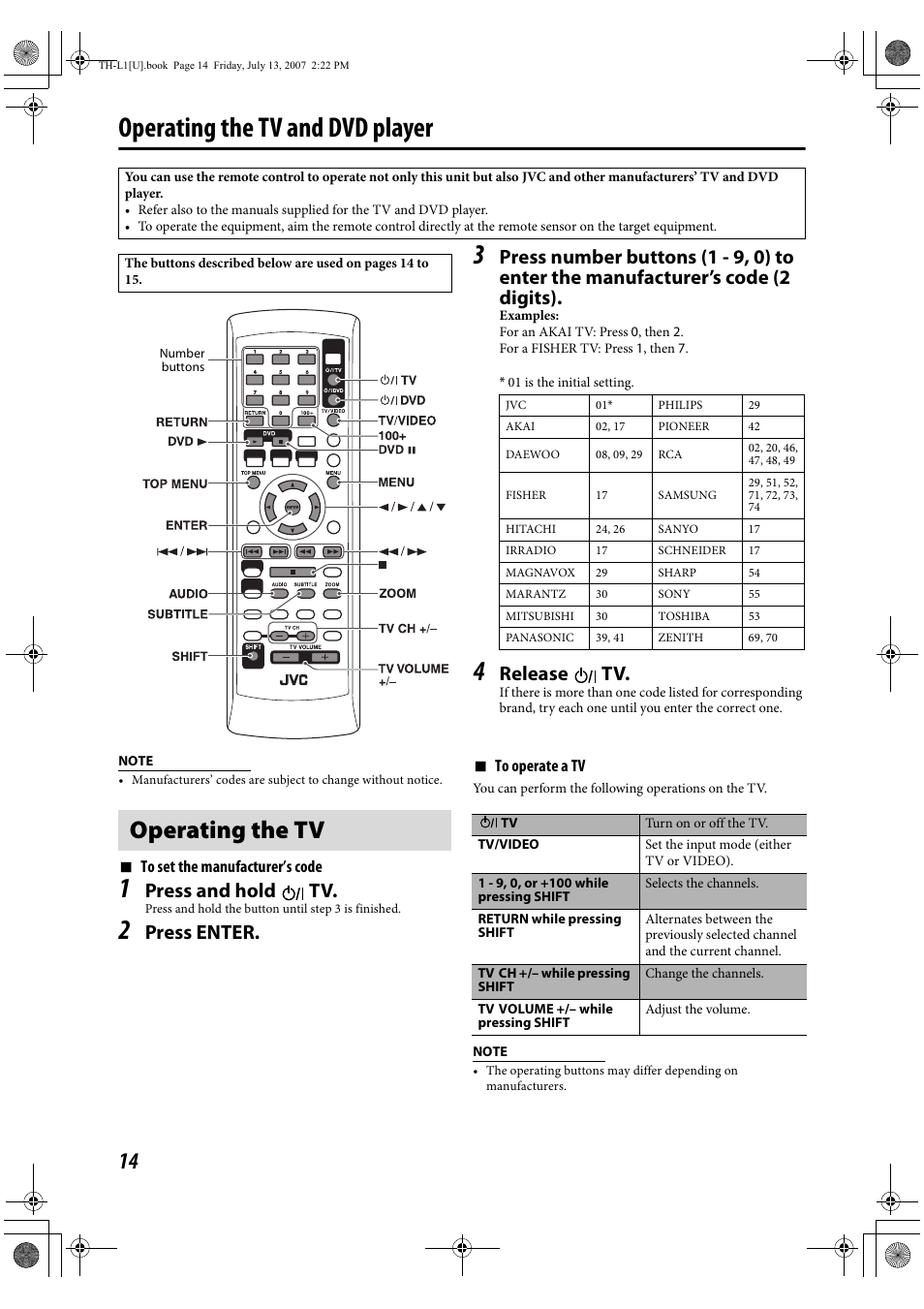 Operating the tv and dvd player, Operating the tv, Press and hold tv | Press enter, Release tv | JVC SP-THL1W User Manual | Page 16 / 36