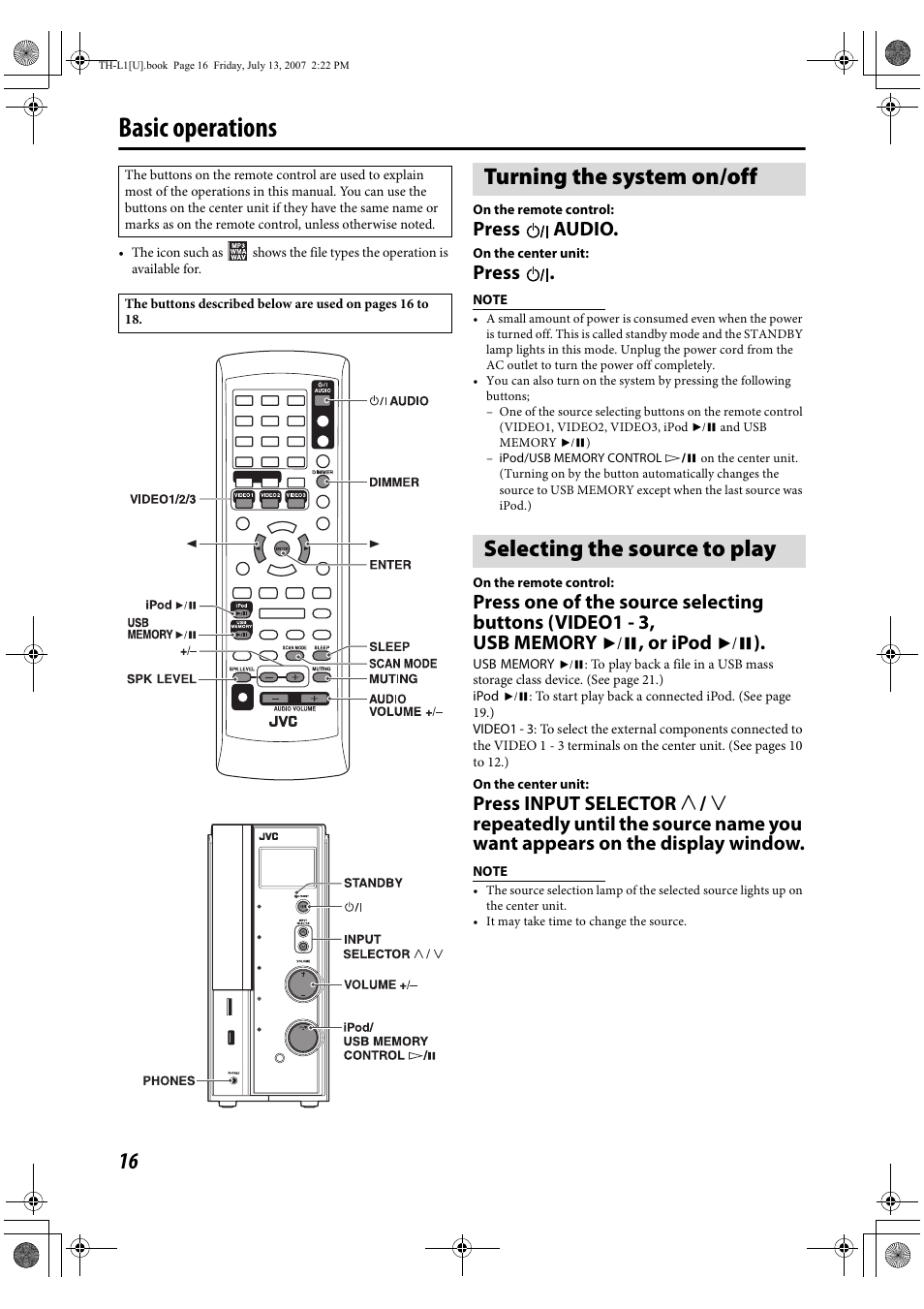 Basic operations, Turning the system on/off, Selecting the source to play | Press audio, Press | JVC SP-THL1W User Manual | Page 18 / 36