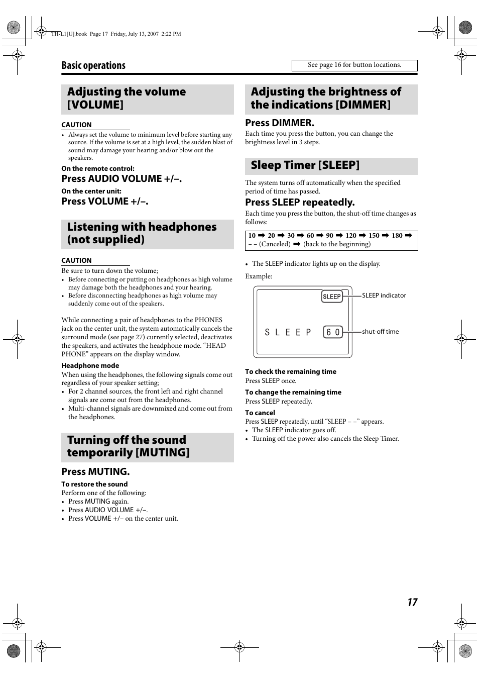 Adjusting the volume [volume, Listening with headphones (not supplied), Turning off the sound temporarily [muting | Sleep timer [sleep, Basic operations, Press audio volume, Press volume, Press muting, Press dimmer, Press sleep repeatedly | JVC SP-THL1W User Manual | Page 19 / 36