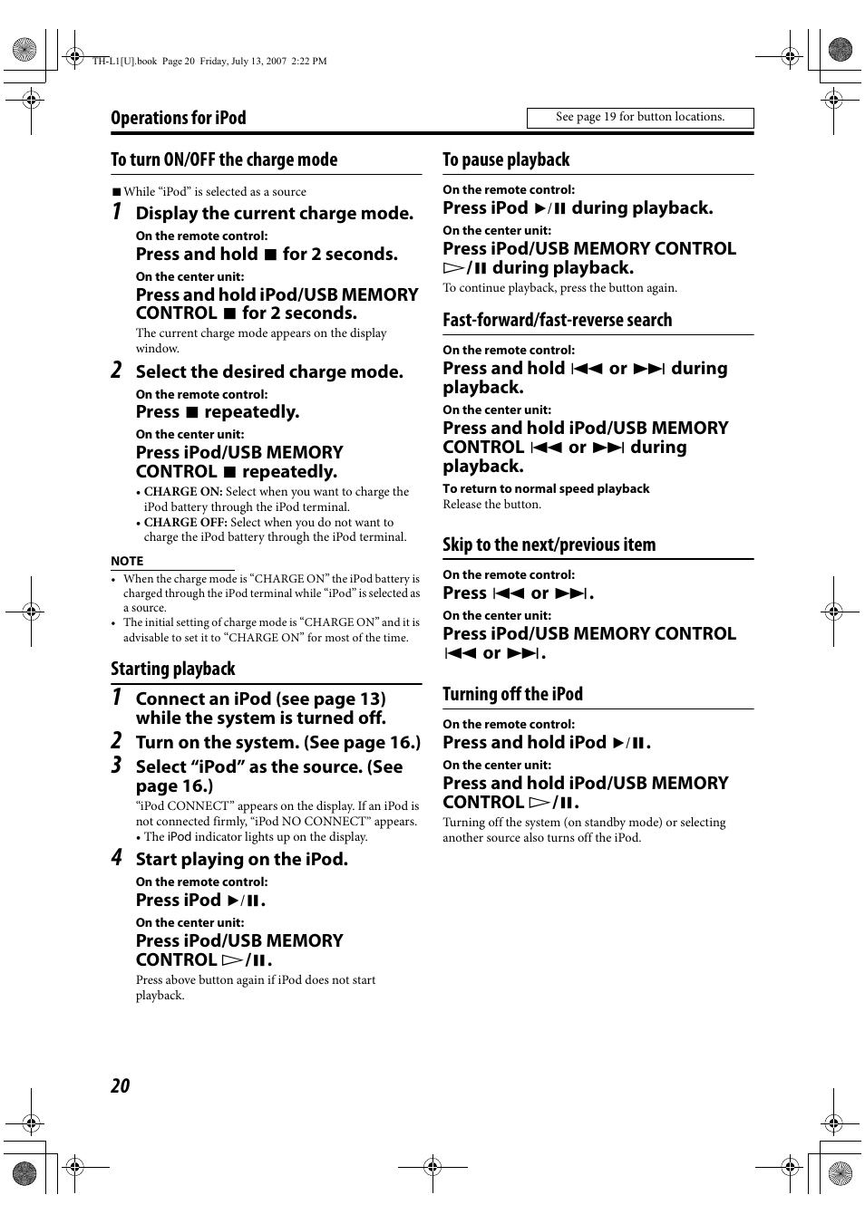 Operations for ipod to turn on/off the charge mode, Starting playback, Fast-forward/fast-reverse search | Skip to the next/previous item, Turning off the ipod | JVC SP-THL1W User Manual | Page 22 / 36