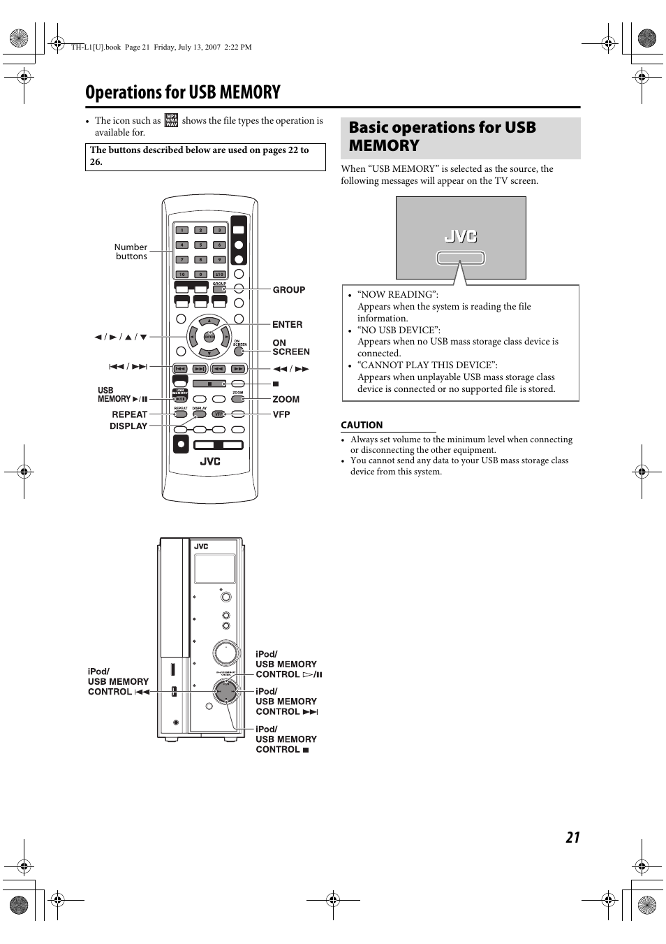 Operations for usb memory, Basic operations for usb memory | JVC SP-THL1W User Manual | Page 23 / 36