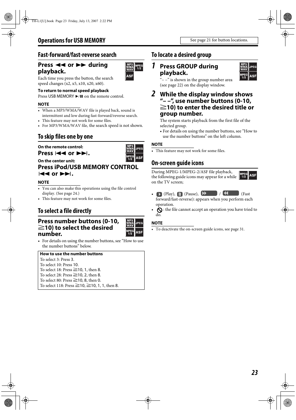 On-screen guide icons, Press 1 or y during playback, Press 4 or x | Press group during playback | JVC SP-THL1W User Manual | Page 25 / 36