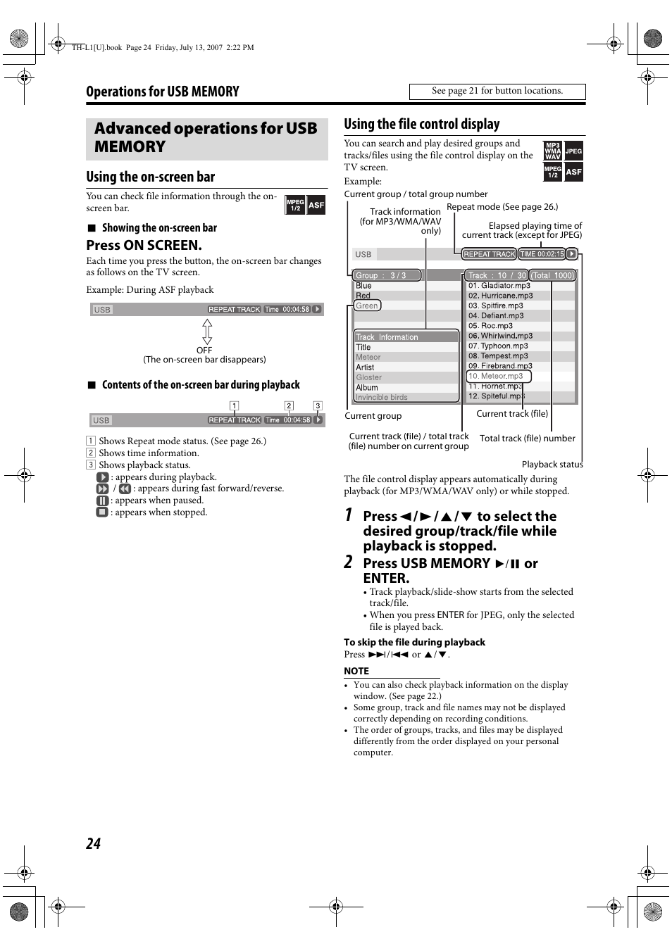 Advanced operations for usb memory, Using the file control display, Press on screen | JVC SP-THL1W User Manual | Page 26 / 36