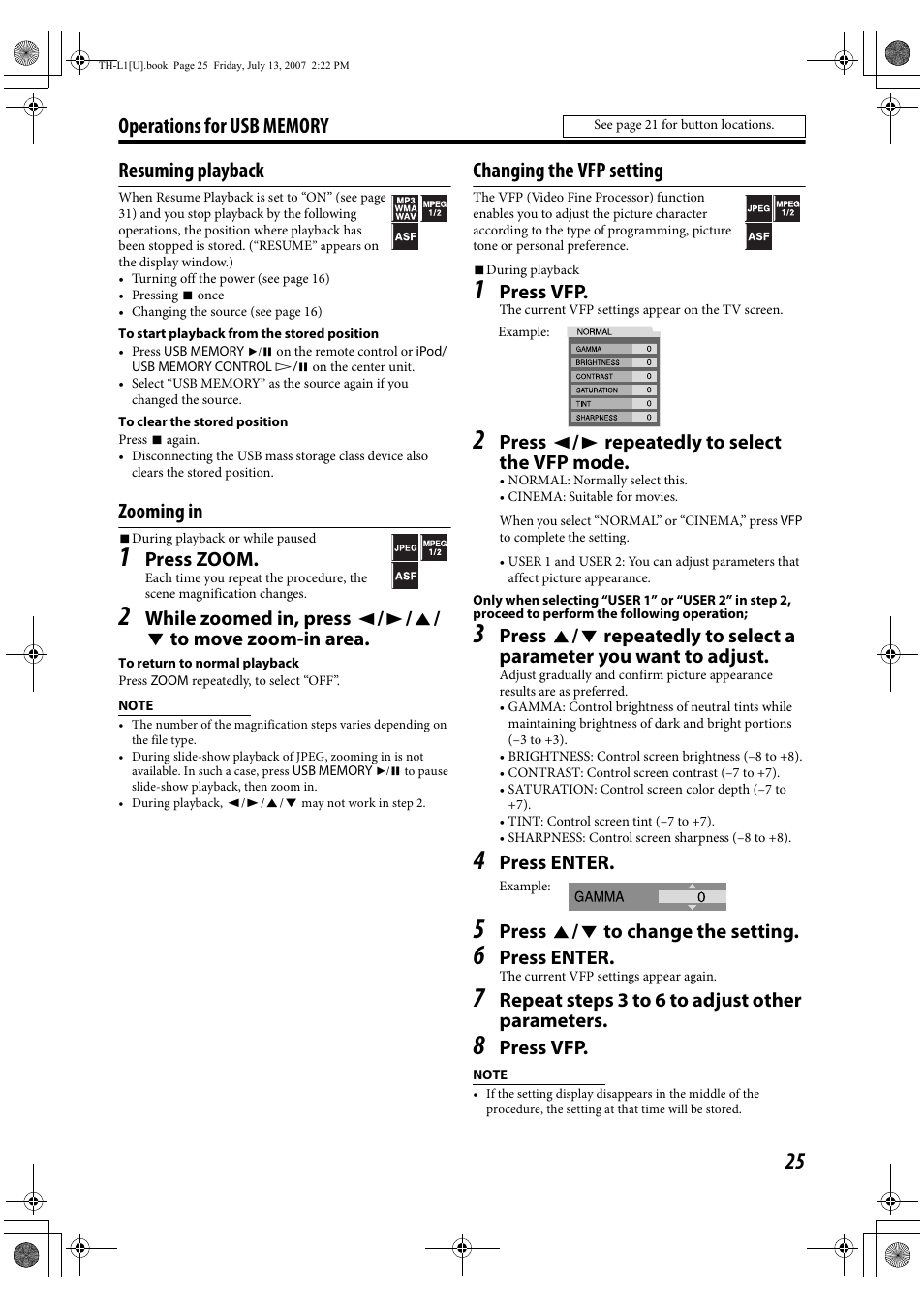 Zooming in, Changing the vfp setting | JVC SP-THL1W User Manual | Page 27 / 36