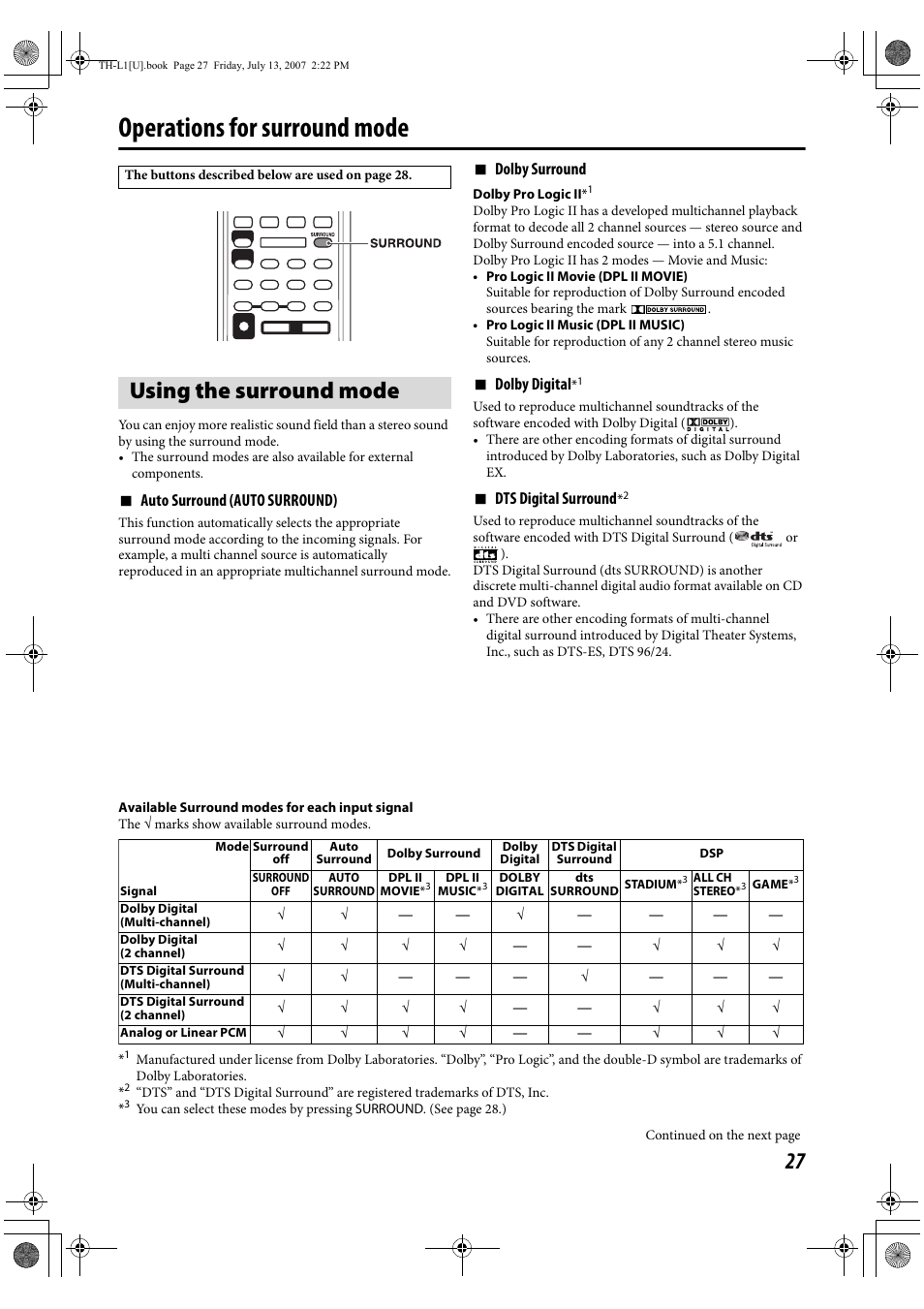 Operations for surround mode, Using the surround mode | JVC SP-THL1W User Manual | Page 29 / 36