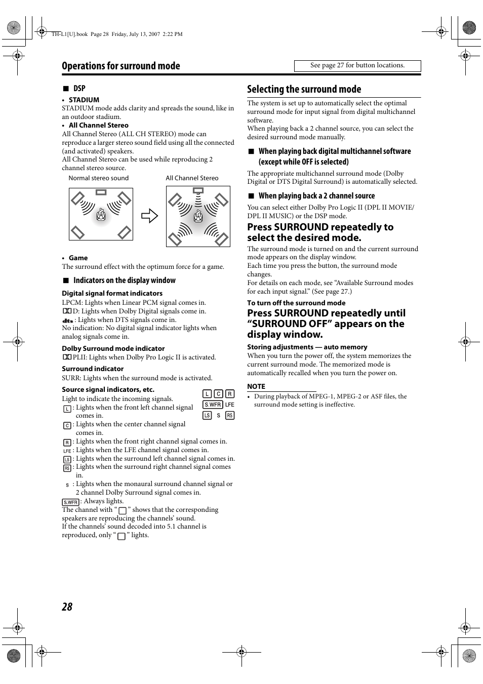 Operations for surround mode, Selecting the surround mode | JVC SP-THL1W User Manual | Page 30 / 36