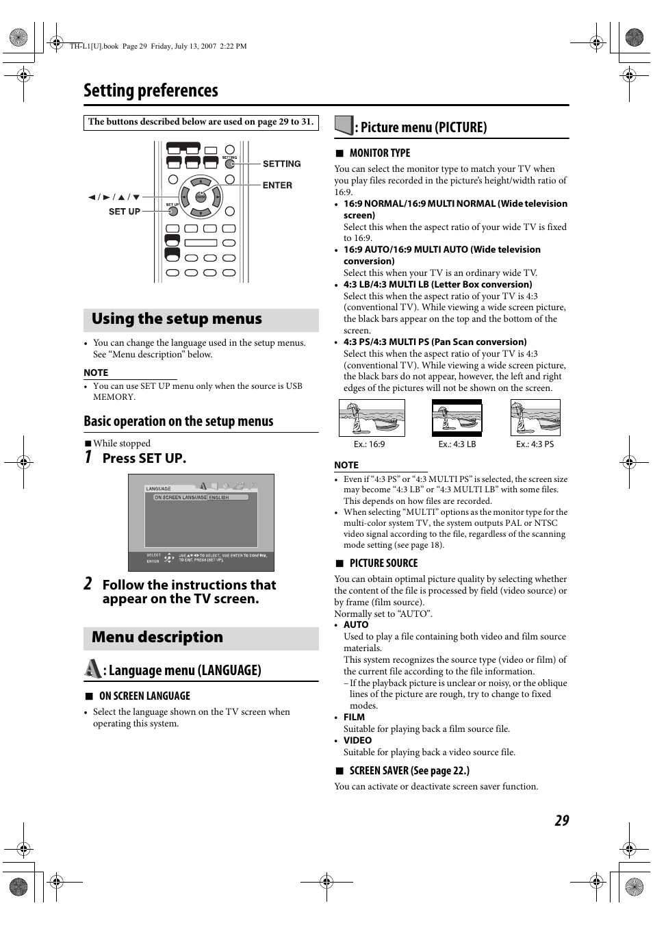 Setting preferences, Using the setup menus, Menu description | Using the setup menus menu description, Basic operation on the setup menus, Language menu (language), Picture menu (picture), Press set up | JVC SP-THL1W User Manual | Page 31 / 36