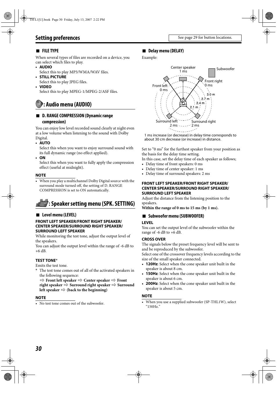 Setting preferences, Audio menu (audio), Speaker setting menu (spk. setting) | JVC SP-THL1W User Manual | Page 32 / 36