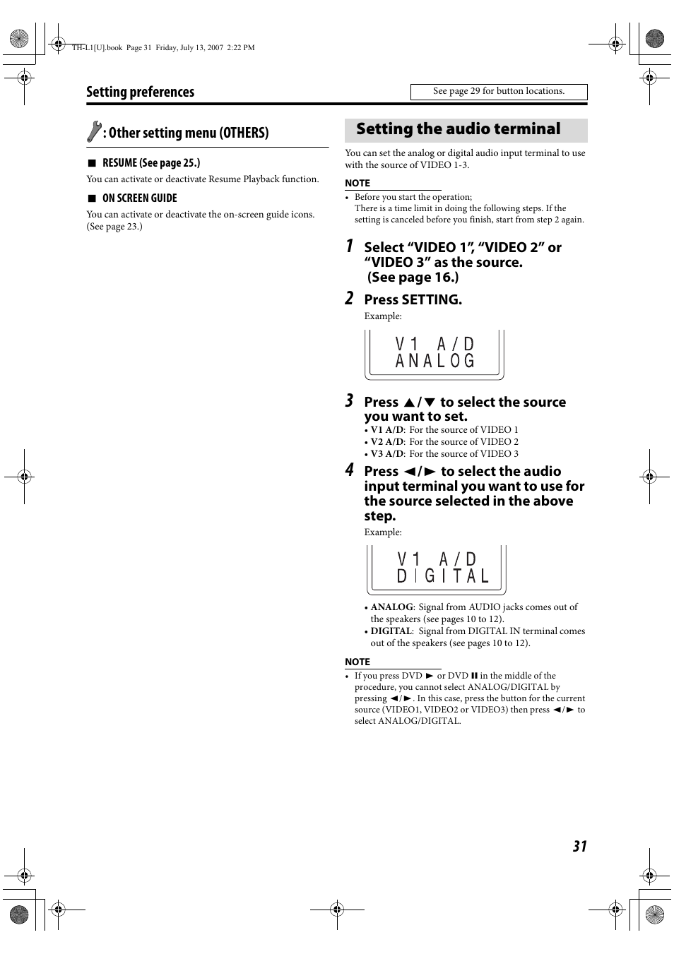 Setting the audio terminal, Setting preferences : other setting menu (others) | JVC SP-THL1W User Manual | Page 33 / 36