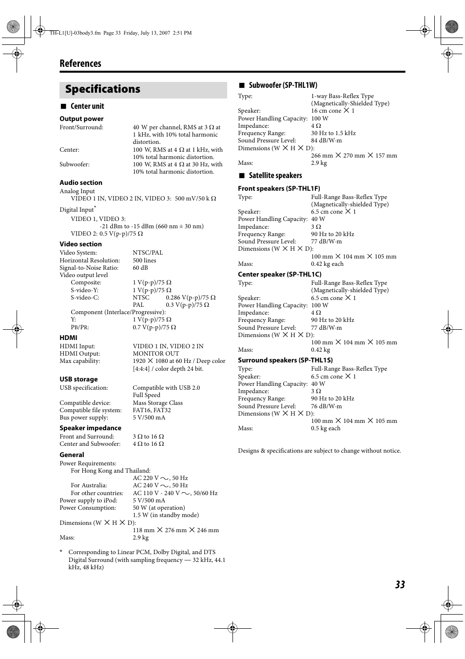 Specifications, References, 7center unit | 7subwoofer (sp-thl1w), 7satellite speakers | JVC SP-THL1W User Manual | Page 35 / 36