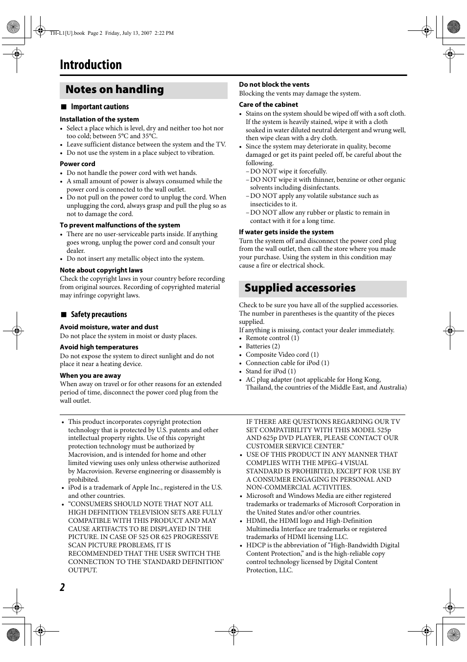 Introduction, Notes on handling, Supplied accessories | JVC SP-THL1W User Manual | Page 4 / 36