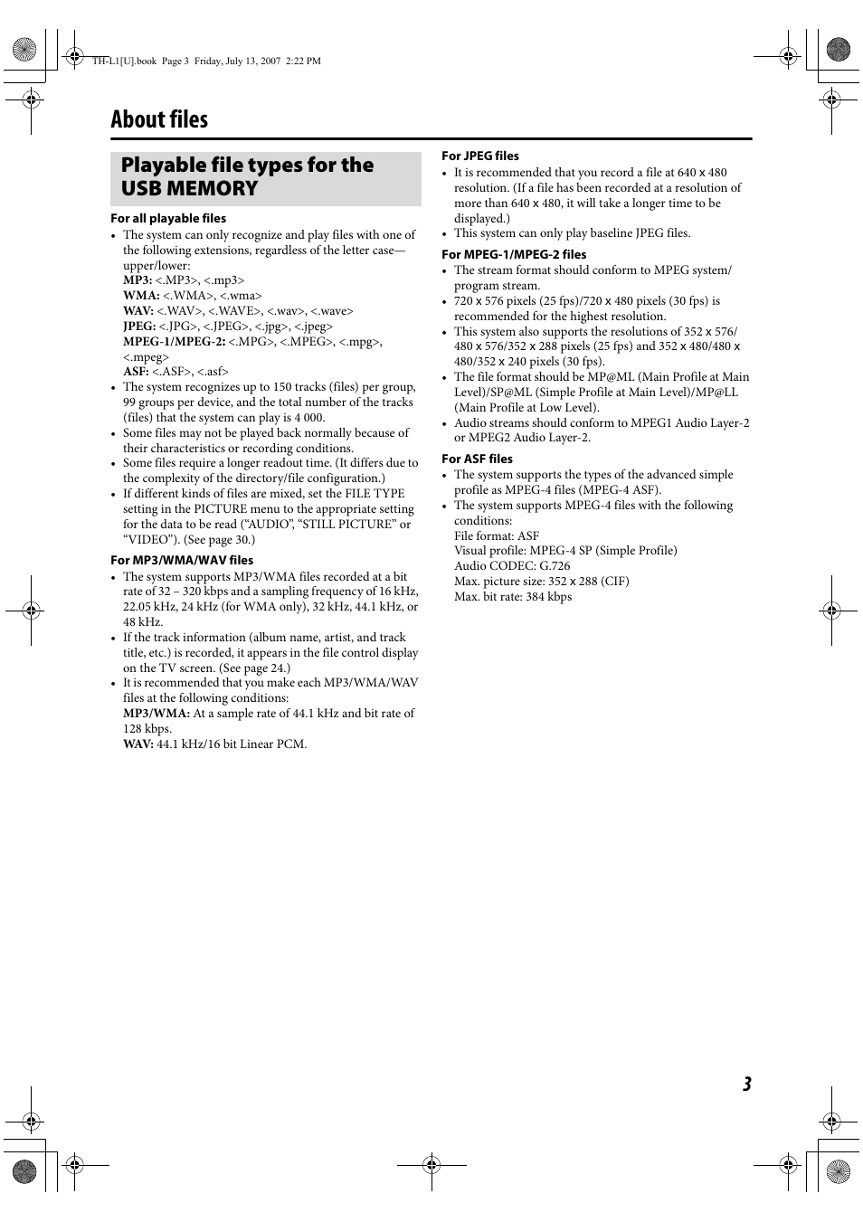 About files, Playable file types for the usb memory | JVC SP-THL1W User Manual | Page 5 / 36