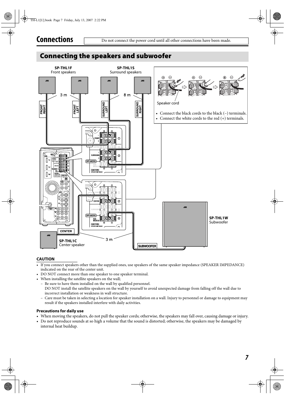 Connections, Connecting the speakers and subwoofer | JVC SP-THL1W User Manual | Page 9 / 36