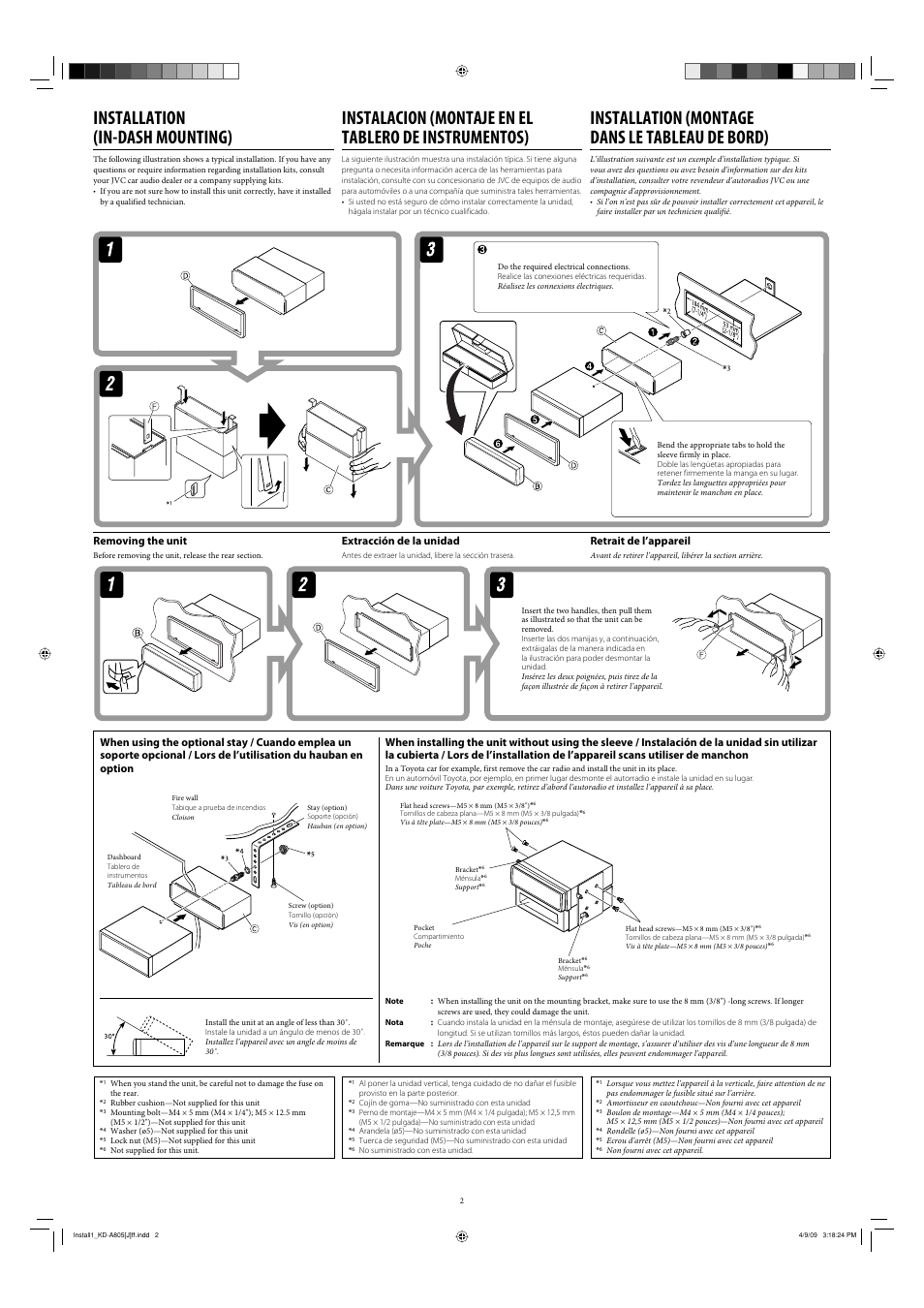 Installation (in-dash mounting), Installation (montage dans le tableau de bord), Removing the unit | Extracción de la unidad, Retrait de l’appareil | JVC GET0598-002B User Manual | Page 2 / 6