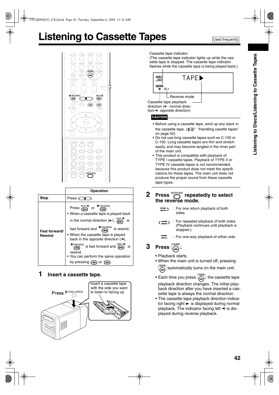 Listening to cassette tapes | JVC UXQD90S User Manual | Page 103 / 116