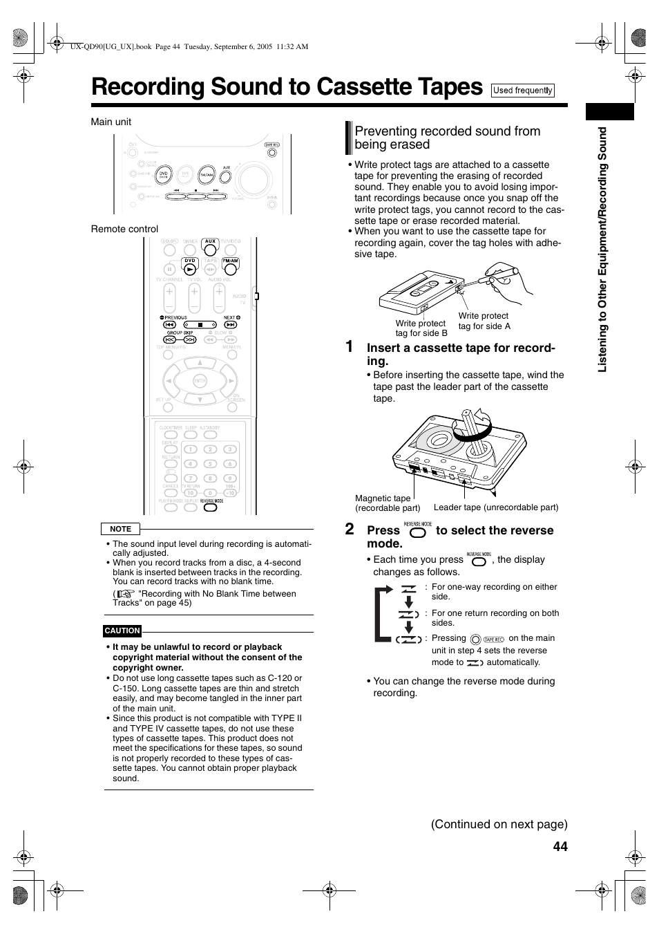 Recording sound, Recording sound to cassette tapes, Preventing recorded sound from being erased | JVC UXQD90S User Manual | Page 105 / 116