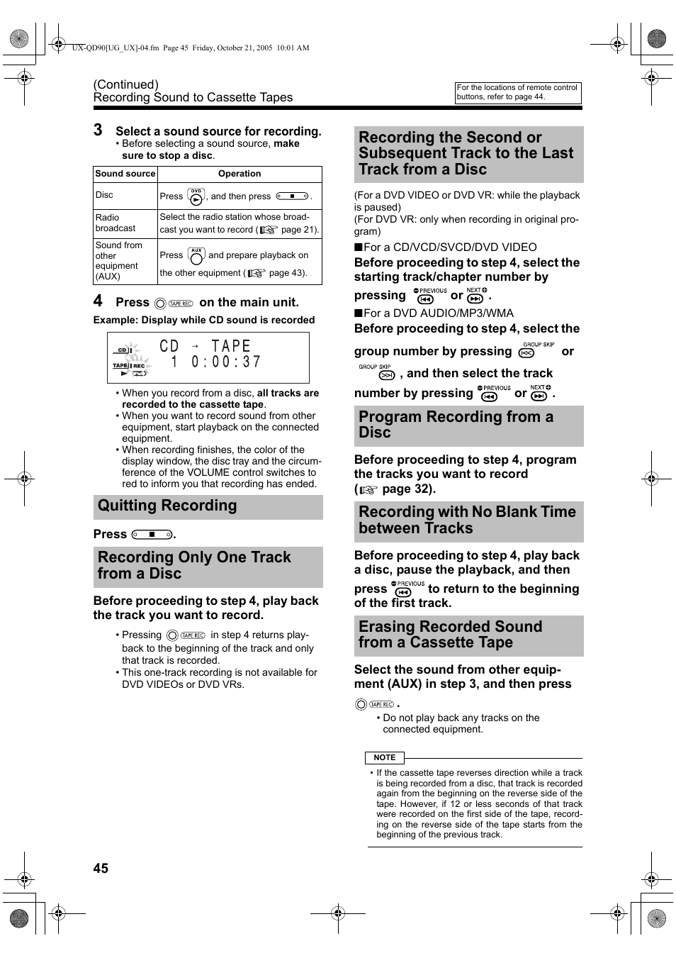 Quitting recording, Recording only one track from a disc, Program recording from a disc | Recording with no blank time between tracks, Erasing recorded sound from a cassette tape | JVC UXQD90S User Manual | Page 106 / 116