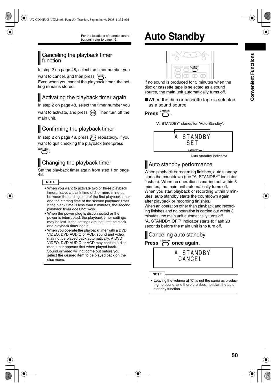 Auto standby, Auto standby performance canceling auto standby | JVC UXQD90S User Manual | Page 111 / 116