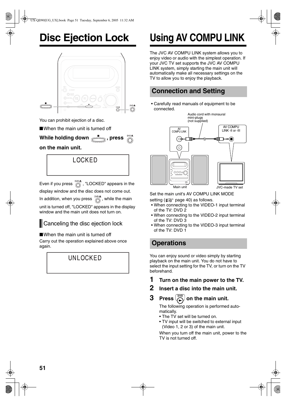 Disc ejection lock, Using av compu link, Connection and setting | Operations, Connection and setting operations | JVC UXQD90S User Manual | Page 112 / 116