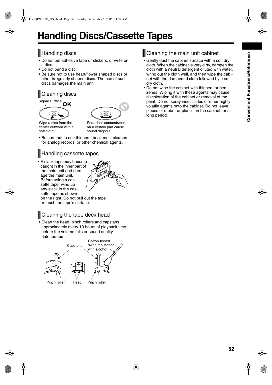 Reference, Handling discs/cassette tapes, Handling discs cleaning discs | Handling cassette tapes, Cleaning the tape deck head, Cleaning the main unit cabinet | JVC UXQD90S User Manual | Page 113 / 116