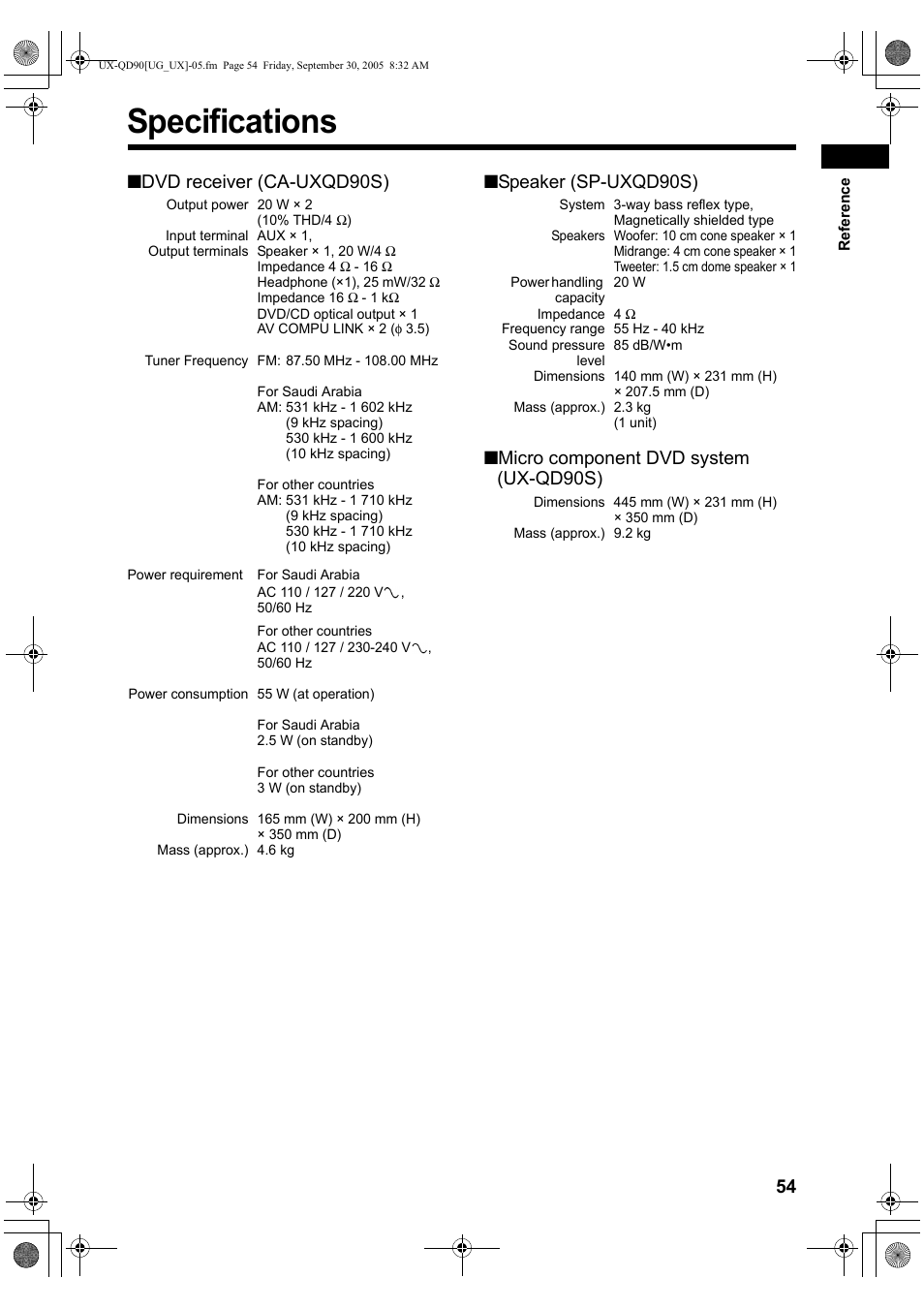 Specifications, Dvd receiver (ca-uxqd90s), Speaker (sp-uxqd90s) | Micro component dvd system (ux-qd90s) | JVC UXQD90S User Manual | Page 115 / 116