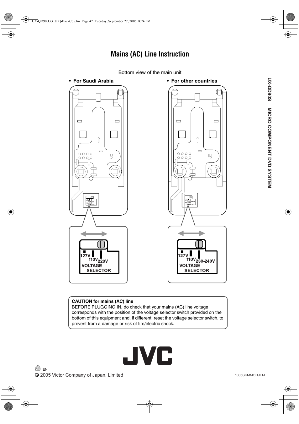 Mains (ac) line instruction | JVC UXQD90S User Manual | Page 116 / 116