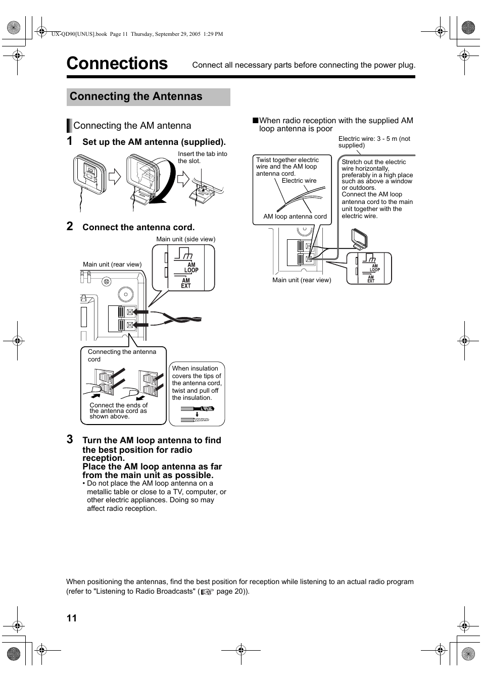 Connections, Connecting the antennas, Connecting the am antenna | JVC UXQD90S User Manual | Page 14 / 116