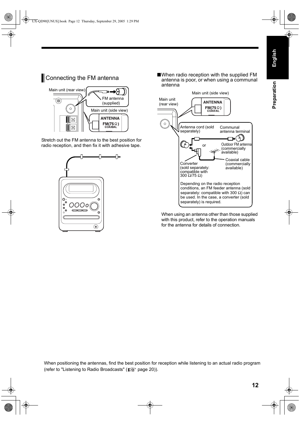 Connecting the fm antenna | JVC UXQD90S User Manual | Page 15 / 116