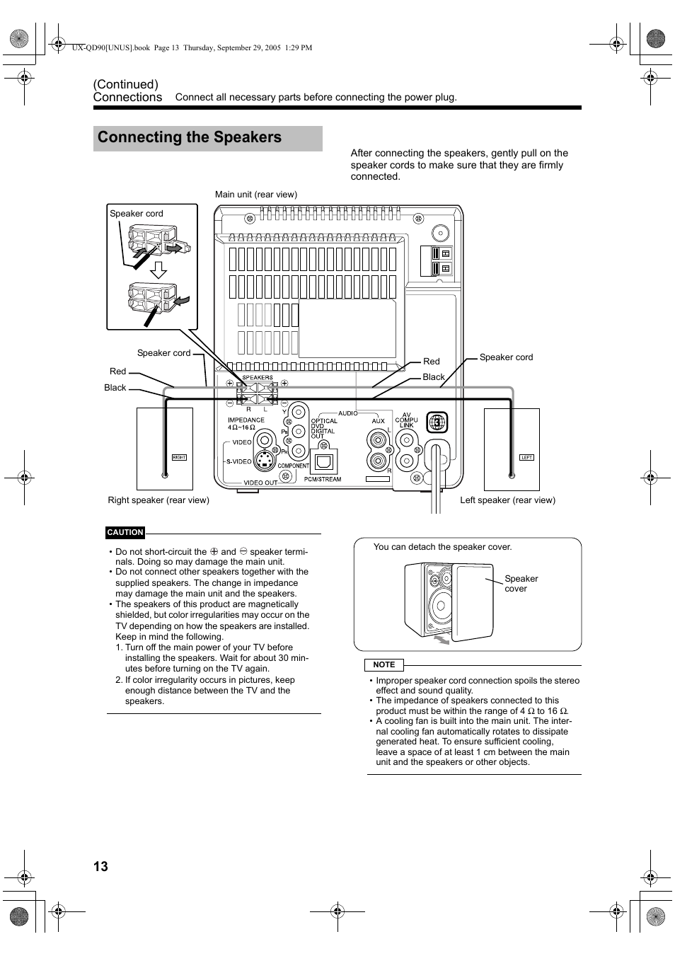 Connecting the speakers, Continued) connections | JVC UXQD90S User Manual | Page 16 / 116