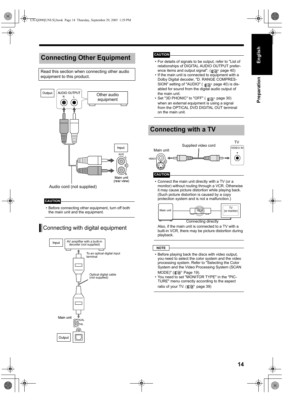Connecting other equipment, Connecting with a tv, Connecting with digital equipment | JVC UXQD90S User Manual | Page 17 / 116