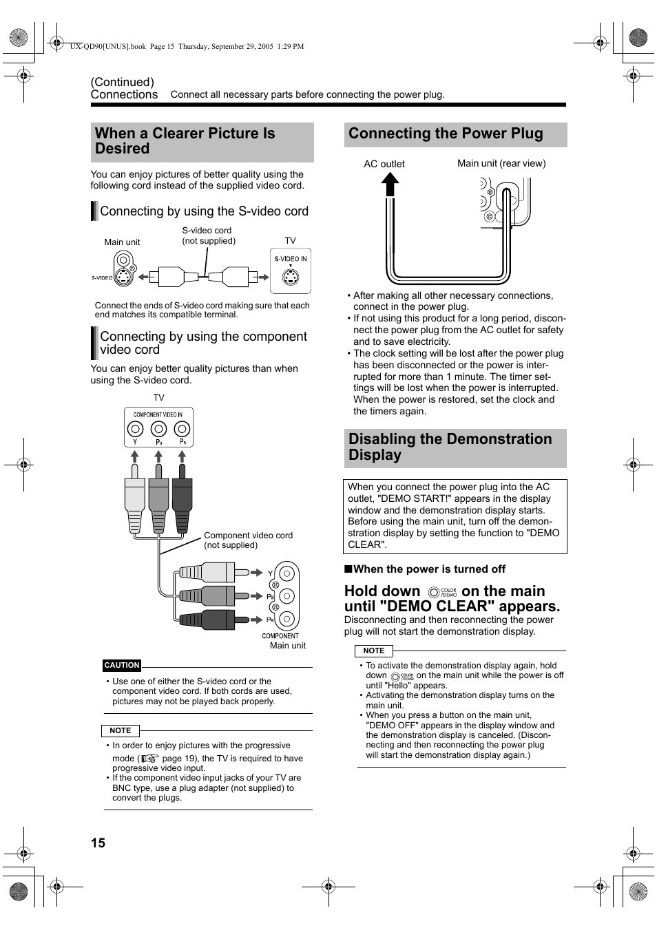 When a clearer picture is desired, Connecting the power plug, Disabling the demonstration display | Hold down on the main until "demo clear" appears, Connecting by using the s-video cord, Connecting by using the component video cord | JVC UXQD90S User Manual | Page 18 / 116