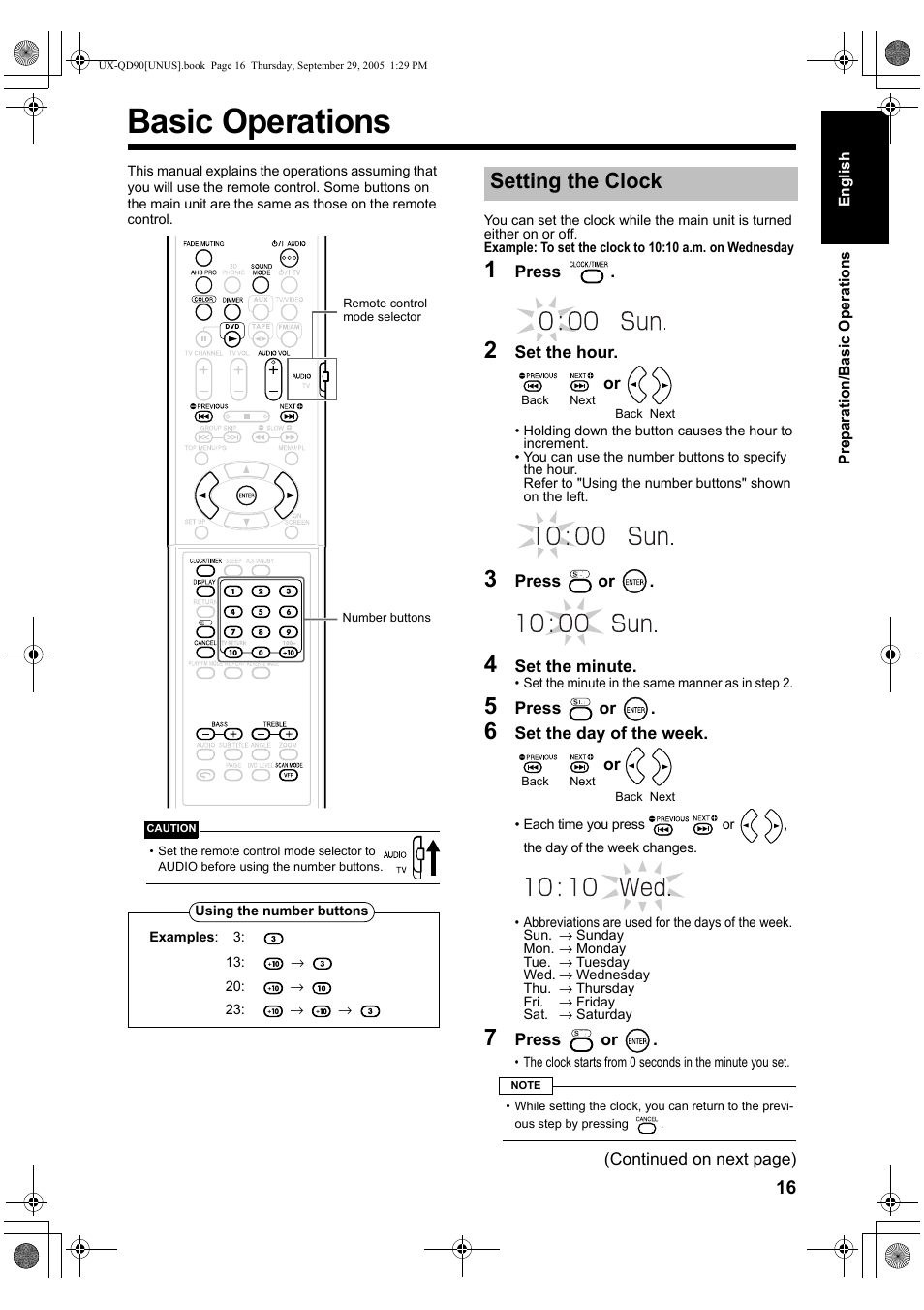 Basic operations, Setting the clock | JVC UXQD90S User Manual | Page 19 / 116