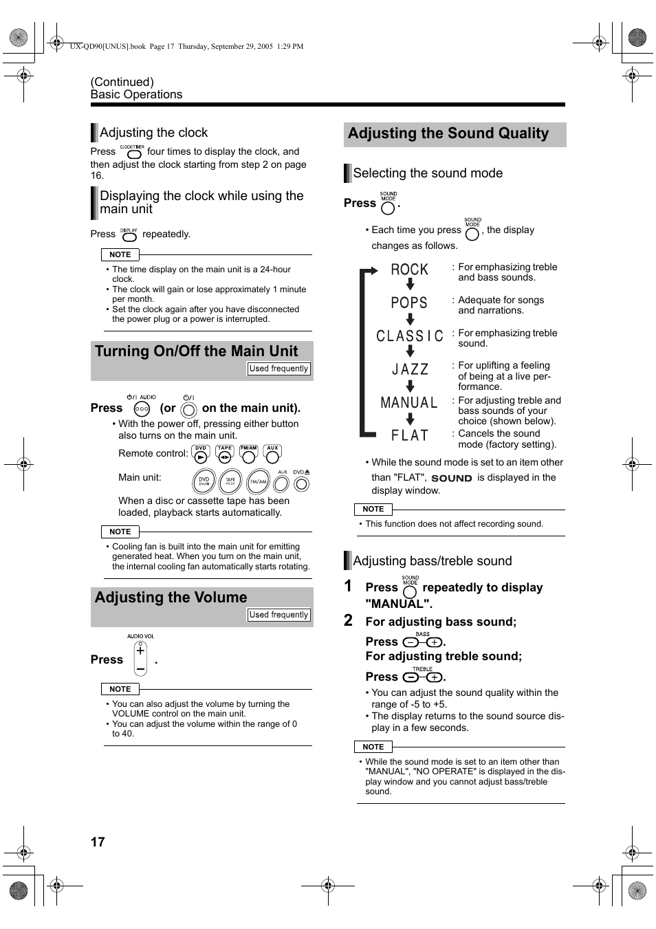 Turning on/off the main unit, Adjusting the volume, Adjusting the sound quality | Turning on/off the main unit adjusting the volume, Selecting the sound mode, Adjusting bass/treble sound | JVC UXQD90S User Manual | Page 20 / 116