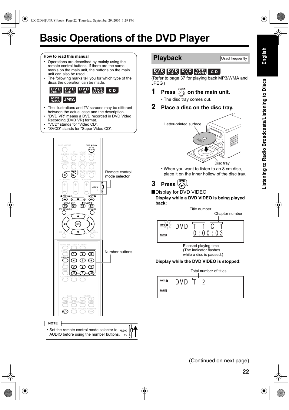 Listening to discs, Basic operations of the dvd player, Playback | JVC UXQD90S User Manual | Page 25 / 116