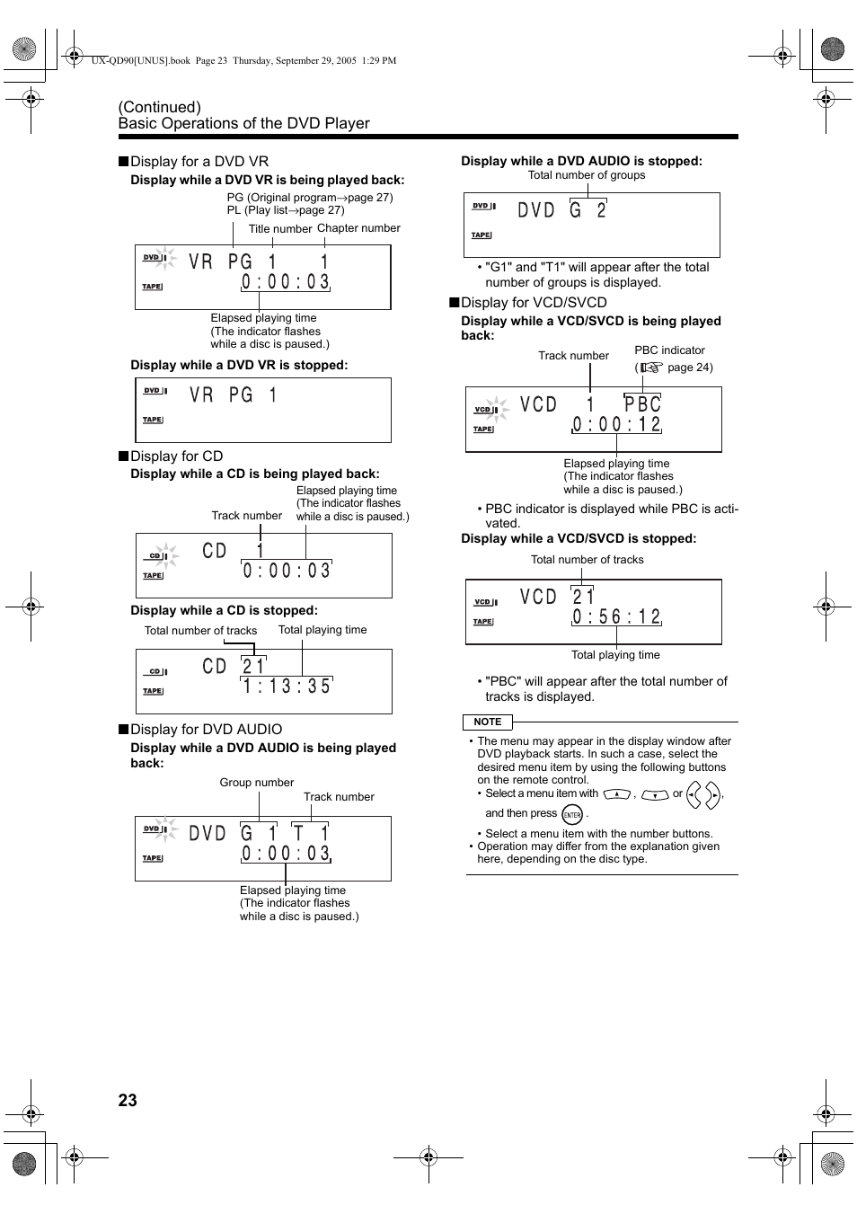 Continued) basic operations of the dvd player | JVC UXQD90S User Manual | Page 26 / 116